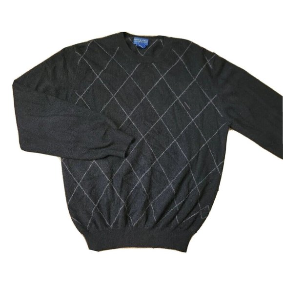 Joseph & Lyman Men's Large 100% Cashmere Knit Sweater Black Argyle Round Neck LS - Picture 1 of 8